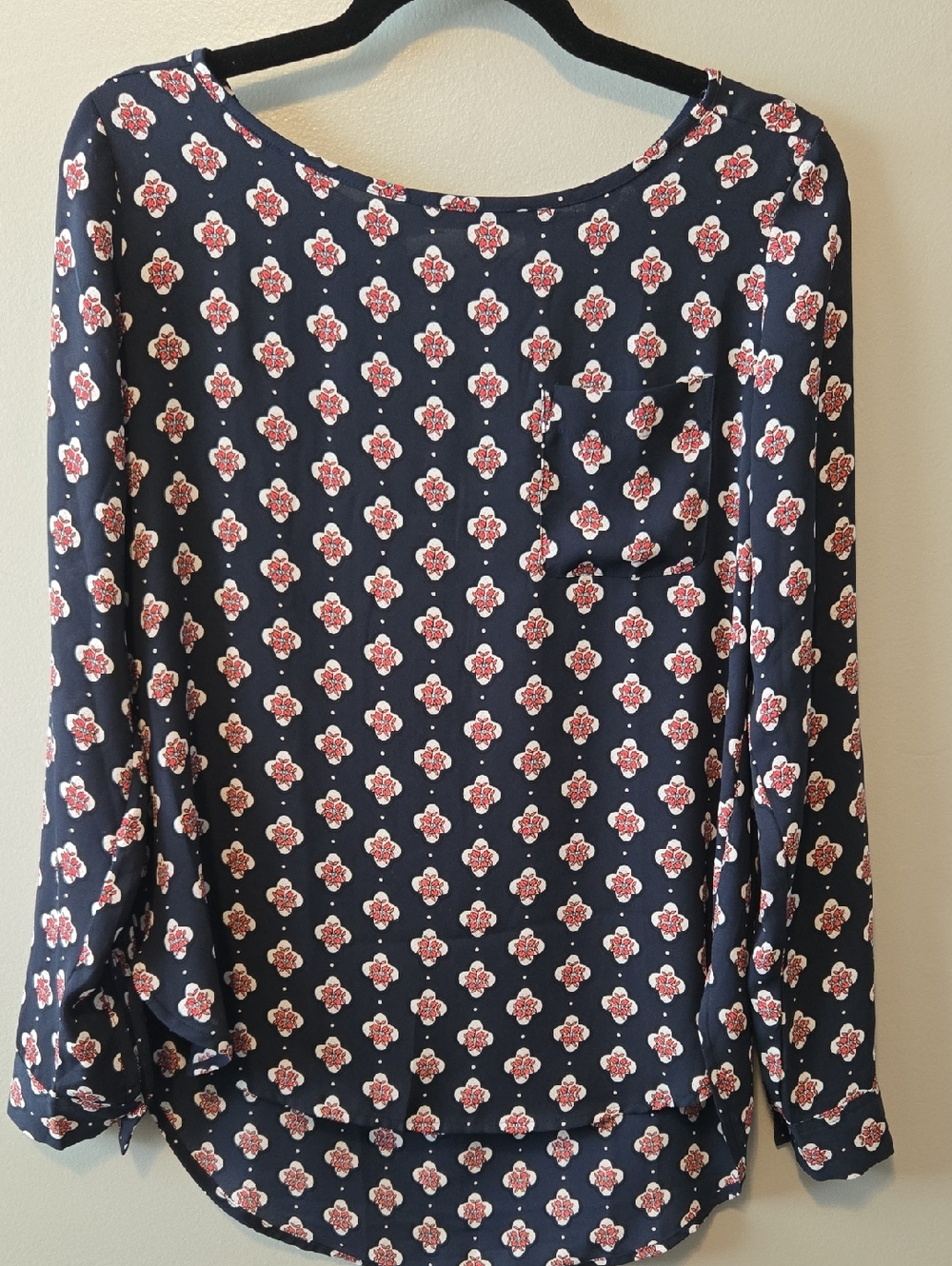 Women's  Loft Anne Tsylor Navy Floral Long-Sleeve Blouse/Top Size Small